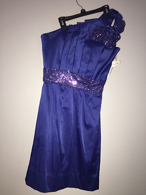Julian Joyce Blue Pleated One Shoulder Sheath Womans Dress/Sequins Blue/Purple