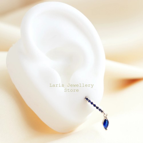 Silver Hoop Earrings with Cubic Zirconia Blue Sapphire Teardrop Dangle Charm - Picture 2 of 4
