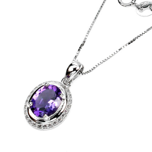 925 Argento Sterling Collana Ovale Ametista 9x7mm Topazio Bianco Gemma Gioielli - Foto 2 di 10