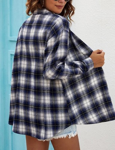 Oversized Navy Flannel Plaid Shirts for Women Long Sleeve Button Down Shirts ... - Picture 5 of 6
