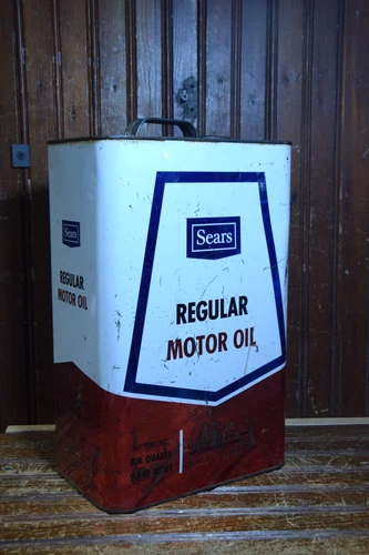 SEARS ROEBUCK REGULAR MOTOR OIL 10 QUART EMPTY TIN CAN SIGN VINTAGE 1960s USA