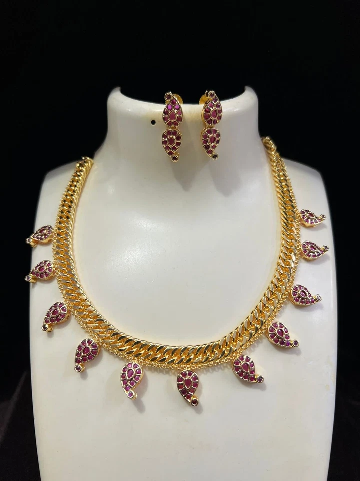 Cubic Zirconia Necklace, Designer Jewelry, Matte Finish, South Indian Temple Jew - Image 3 of 3