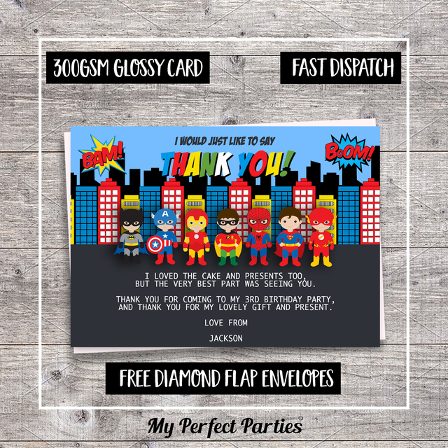Boys /& Girls Super Hero Princess Anniversaire Thank You Notes for my Present Poison