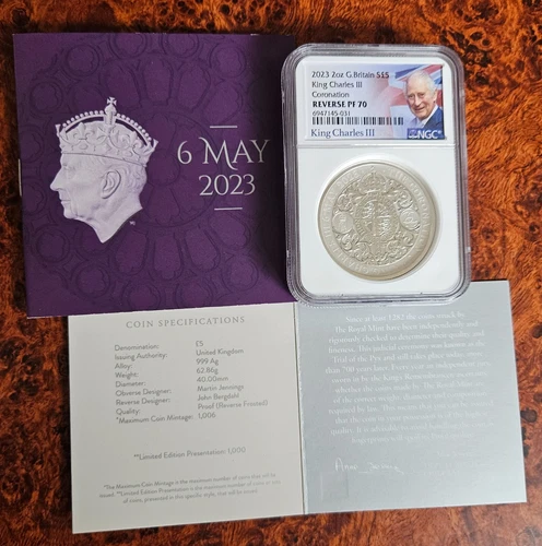 RARE REVERSE SILVER PROOF CORONATION OF KING CHARLES III 2023 UK 2oz NGC PF70