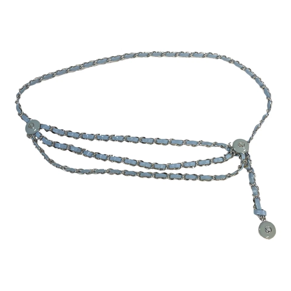 Vintage St John Enamel Baby Blue Leather 39" Chain Belt Triple Strand Logo Charm - Image 2 of 4