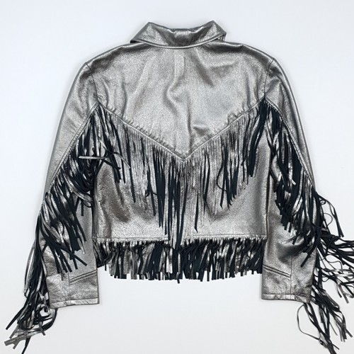 Chaqueta de Cuero Polo Ralph Lauren Talla 0 UK 6 Flecos Occidentales Plateada Metálica Recortada - Imagen 16 de 24