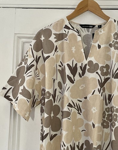 Marimekko Uniqlo Women’s Beige Floral Linen Blend Kaftan Dress S UK 10 EU 38 NEW - Picture 5 of 12