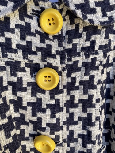 Anthropologie Ivy Jane 100% Linen Houndstooth Jacket Sz Large Navy White Yellow - Picture 6 of 12