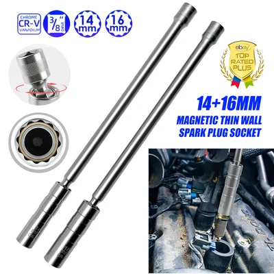 1Pair 14mm +16mm Thin Wall Magnetic Swivel Spark Plug Socket 12-Point 3/8 Drive