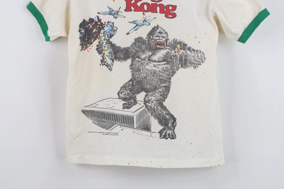 Vintage 70s Boys Large Thrashed King Kong Short Sleeve Ringer T-Shirt White USA - Image 3 of 4