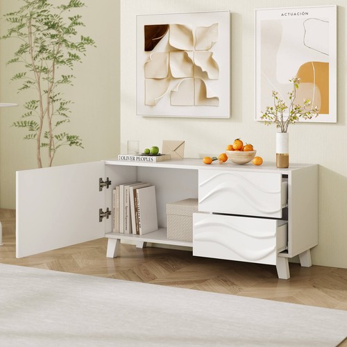 38" TV Stand for 44-Inch TV with DrawersEngraved Media Console Cabinet White - Picture 5 of 10