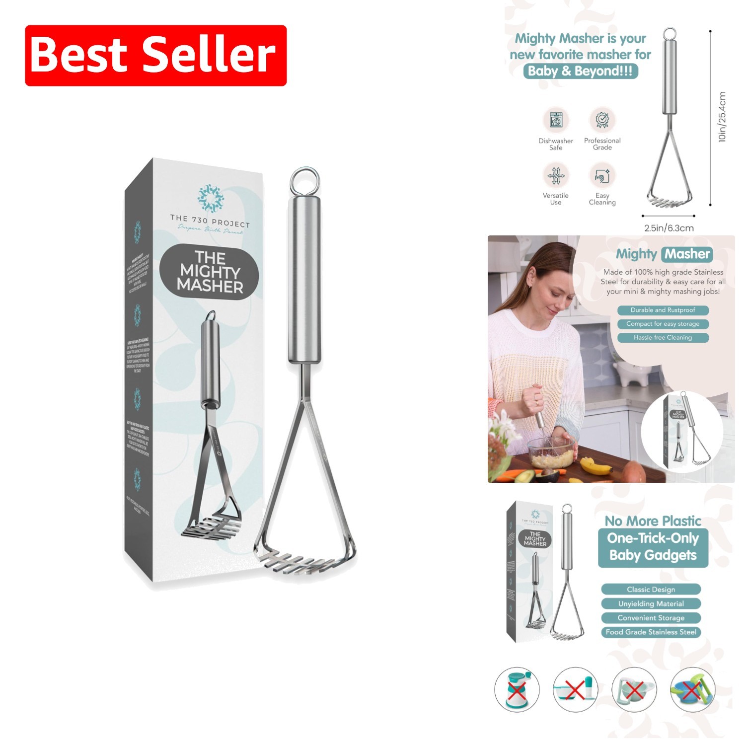 Duradero 10" Acero Inoxidable Poderoso Masher para Alimentos para Bebés y Aguacate, Fácil Limpieza