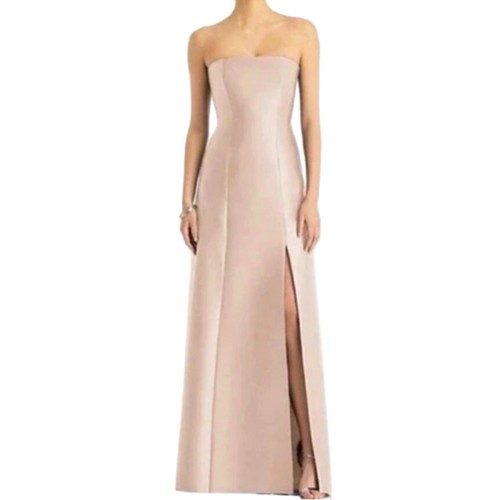 ALFRED SUNG Strapless Satin Gown Formal Dress Side Slit D764 Size 16 Cameo Pink