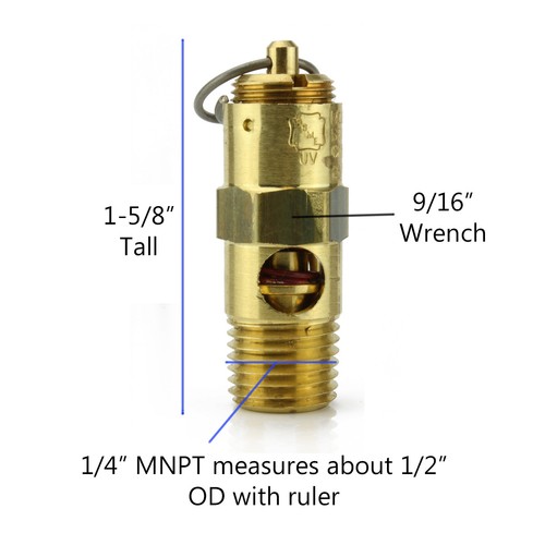 165 PSI Air Compressor Safety Relief Pop Off Valve Solid Brass 1/4" Male NPT USA - Picture 4 of 6