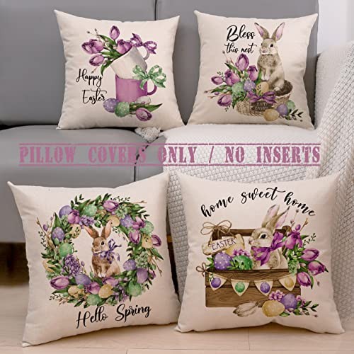 Easter Bunny Throw Pillow Covers 18x18 Set of 4 Hello Spring Outdoor Pillow - Picture 2 of 7