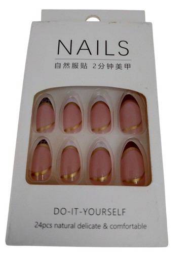 PRESS ON ONE MINUTE FAKE NAILS 24pc Medium Almond Pink/Gold/Tips DO IT YOURSELF - Picture 8 of 24