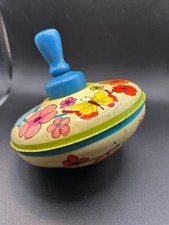 Vintage Ohio Art Tin Litho Flowers Birds  Butterflies Spinning Top Toy 5" Tall
