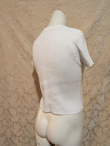 Vintage Knit Office Core Sweater M Crisp White Sweater Fitted Short Sleeve Prep - Picture 5 of 8