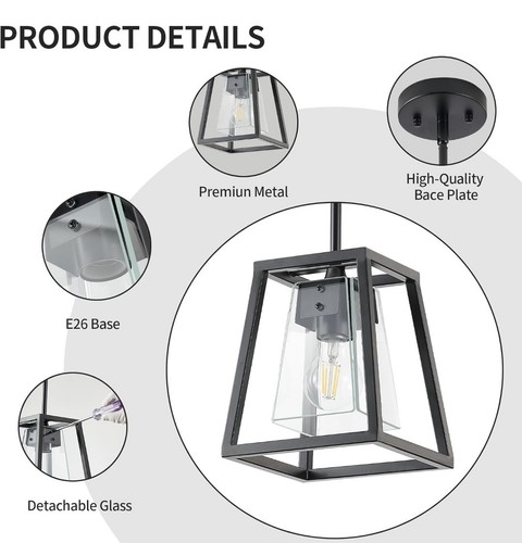 Glass Pendant Lights Kitchen Island Black Light Fixture with Rectangular Metal - Picture 7 of 8