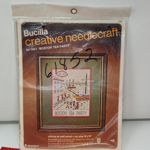 Bucilla 1967 kit Boston Tea Party Crewel On Linen Made In USA New Sealed - Picture 1 of 8