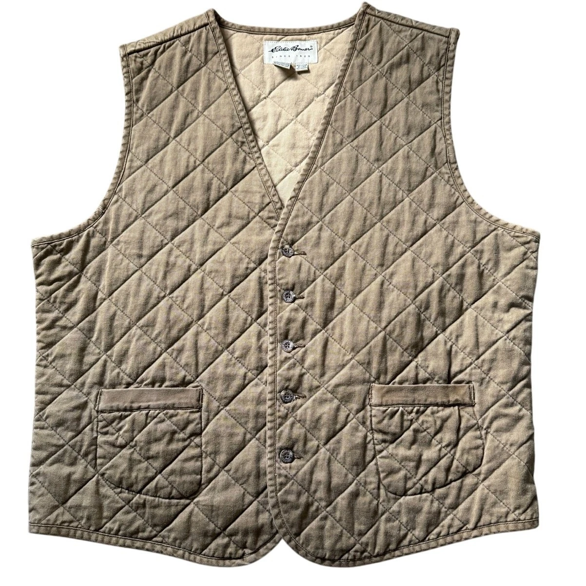 Eddie Bauer Mens Size XL Tan Quilted Cotton Vest Buttons Outdoor Hunting Hiking