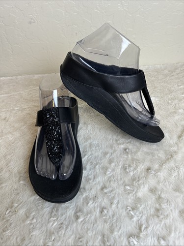Fitflop Fino glitzernde Flip Flop Sandalen schwarz Yoga Perlen mittelhoher Absatz Größe 7 (38)