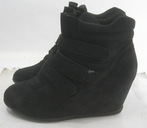 new BLACK 3"High Wedge Heel Round Toe Ankle Boots Front Strap Women Size 6 - Picture 4 of 6