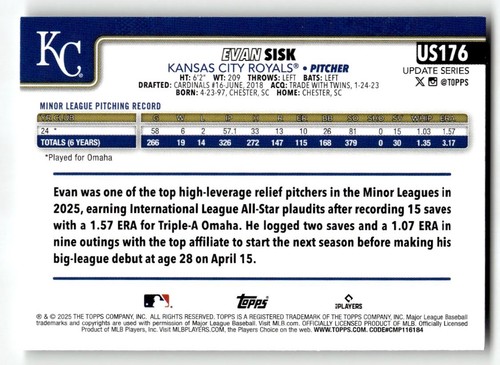 2025 Topps Update Evan Sisk #US176 Sandglitter RC Kansas City Royals - Picture 2 of 2