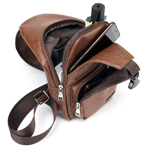 Men's PU Leather Sling Bag Casual Crossbody Shoulder Backpack Vintage Chest Pack - Picture 6 of 14