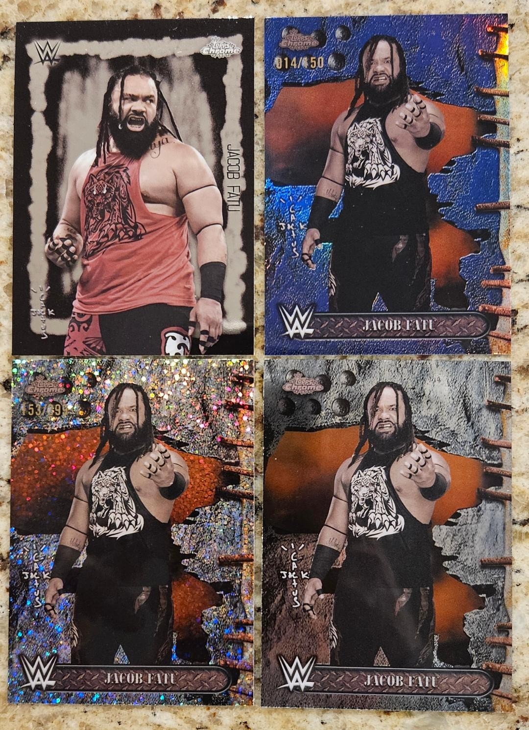 2025 WWE Topps Chrome Jacob Fatu 4 card lot: 014/150, 153/299, insert, base