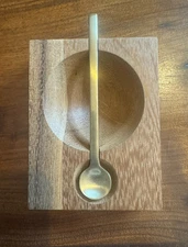 Teak Wood Rectangle Salt Cellar With Gold Colored Metal Spoon MCM Look