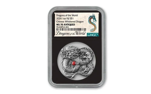 Fiji 2024 $1 1oz Silver Chinese Whiskered Dragon BU NGC MS70 Antique