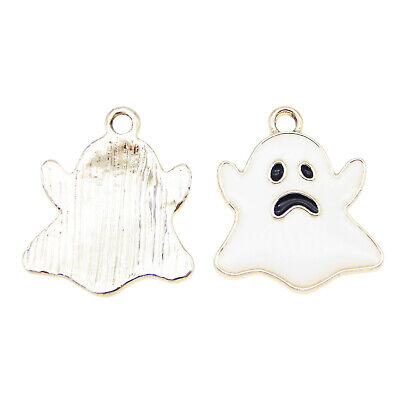 2 White Enamel Ghost Charms Silver Pendants Halloween Findings Jewelry Supplies