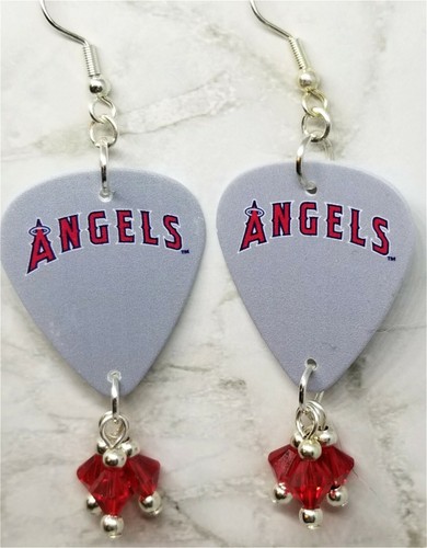 MLB California Angels Guitar Pick Earrings with Red Swarovski Crystal Dangles - Picture 2 of 2