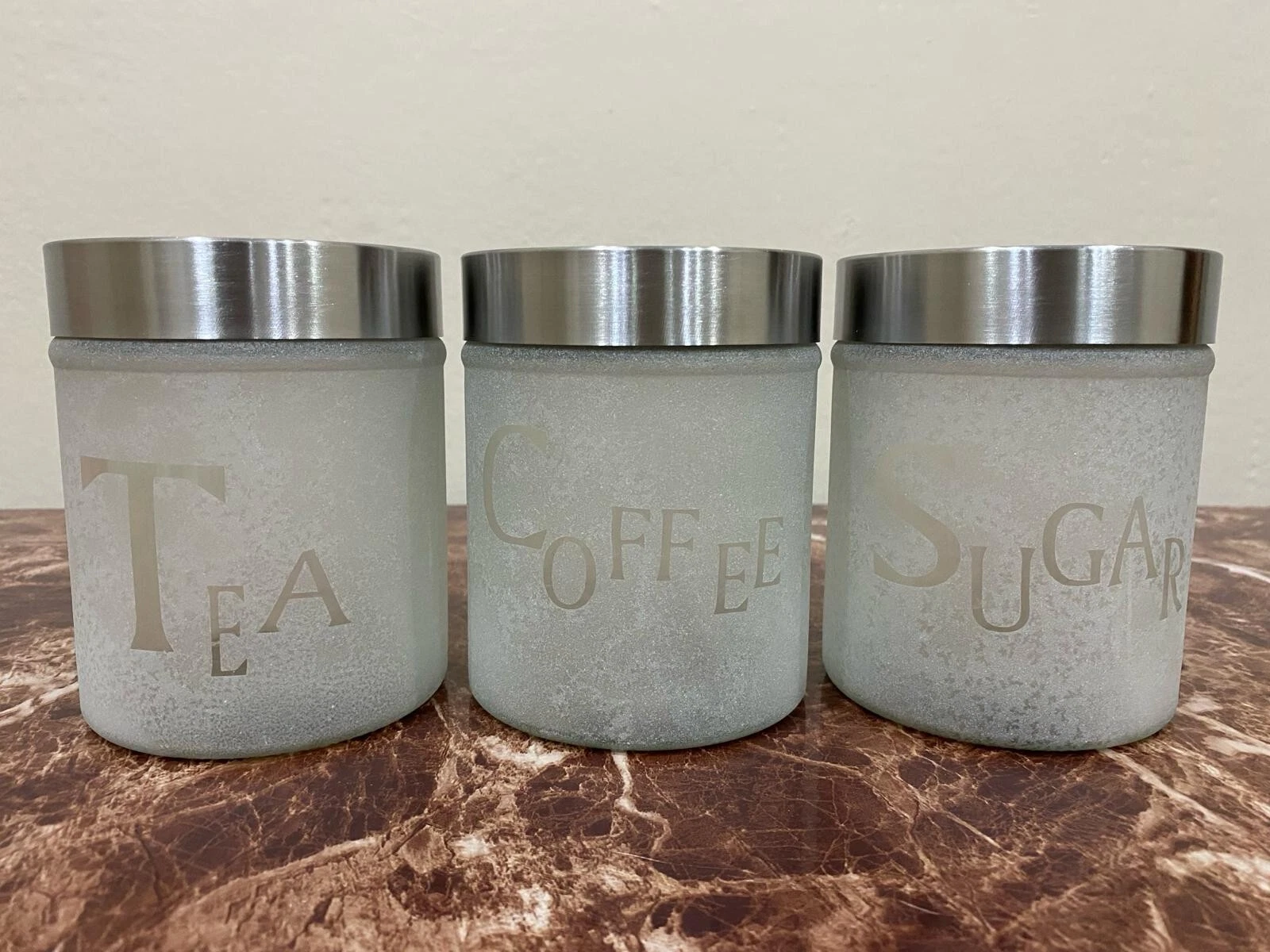Set of 3 Frosted Glass Canister Set Tea Coffee Sugar Storage Jars Kitchen Decor
