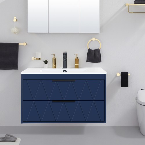 Bathroom Vanity Wall Mounted Cabinet with Ceramic Sink Combo Faucet Drain - Picture 14 of 26
