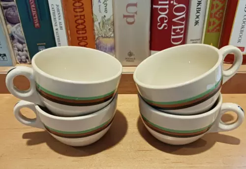 4 Shenango China Incaware Cups, Restaurant Ware, Striped - Green, Brown, Black