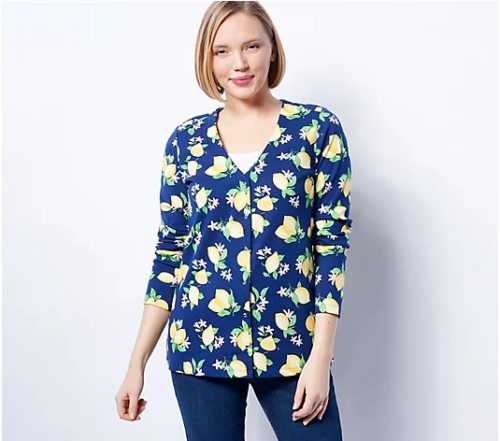 Quacker Factory Springtime Printed Snap Front Knit Cardigan Sweater Lemon S New - Picture 1 of 1
