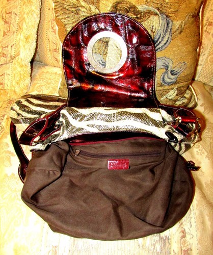 GG...ING SHIMMERY SNAKESKIN/ZEBRA PRINT SATCHEL WITH BURGUNDY SHINY ACCENT/TRIM - Picture 11 of 12
