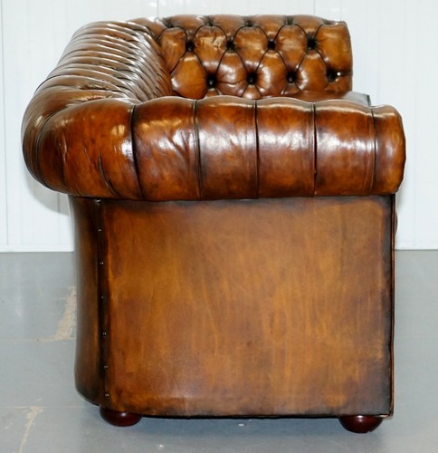 1930'S HAND DYED RESTORED WHISKY BROWN LEATHER CHESTERFIELD CLUB SOFA ENGLISH - Picture 11 of 12