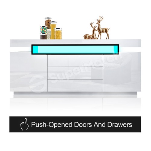 Modern LED Buffet Sideboard Cabinet High Gloss Storage 2 Doors 3 Drawers White - Picture 3 of 11