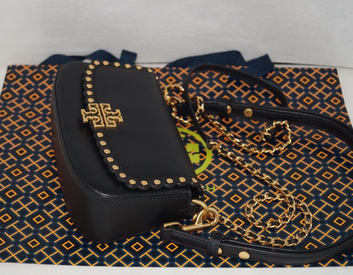 Neu mit Etikett authentische TORY BURCH BRITTEN wandelbare Umhängetasche schwarzes Leder goldene Nieten - Bild 7 von 17