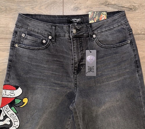 NWT Ed Hardy Embroidered Big Tattoo Print Wide Leg Black Denim Jeans Womens 28 - Picture 12 of 19