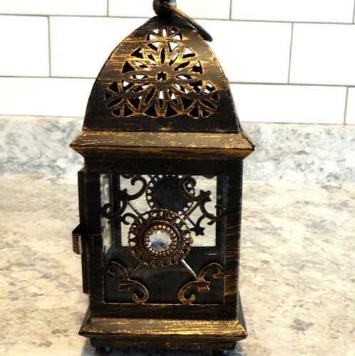 Vintage Pier 1 Decorative Bronze Lantern Glass Panels Crystal Stones 9" high - Picture 4 of 12