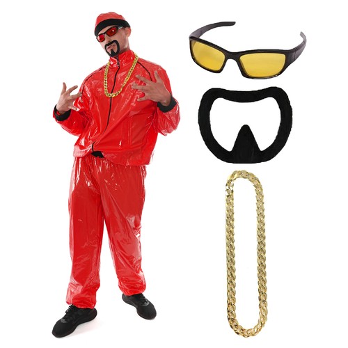 DISFRAZ DE RAPERO PARA HOMBRES AÑOS 90 DISFRAZ AMARILLO CHÁNDAL GAFAS CADENA DÓLAR BARBA - Imagen 9 de 11