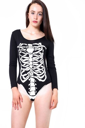 Ladies Halloween Skeleton Print Choker Bodysuit Long Sleeve Jumpsuit Women Dress - Picture 2 of 7