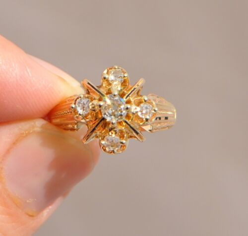 Alter antiker viktorianischer 18K massives Gold alter Minenschliff Diamant Ring graviert Cluster - Bild 1 von 14