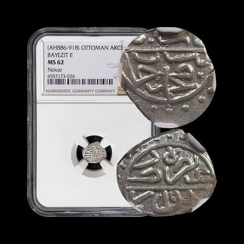 OTTOMAN. 1481, Akce, Silver - NGC MS62 - Bayezid II - Novar, Serbia 026