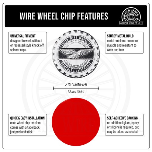 Zenith Chrome & White Metal Wire Wheel Chip Emblems with Spinner Caps, Set of 4 - Picture 2 of 70