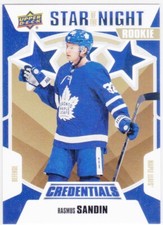 19/20 CREDENTIALS..RASMUS SANDIN..STAR OF THE NIGHT..ROOKIE..# 3S-08.MAPLE LEAFS